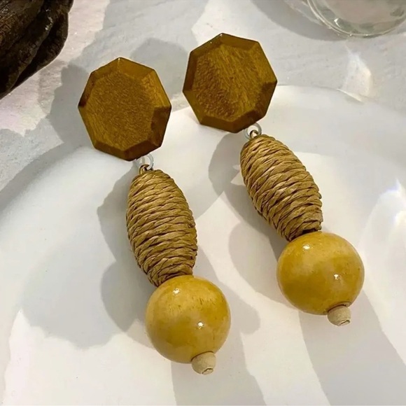 Anthropologie Boho Wooden Ethnic Drop Earrings - Picture 4 of 4